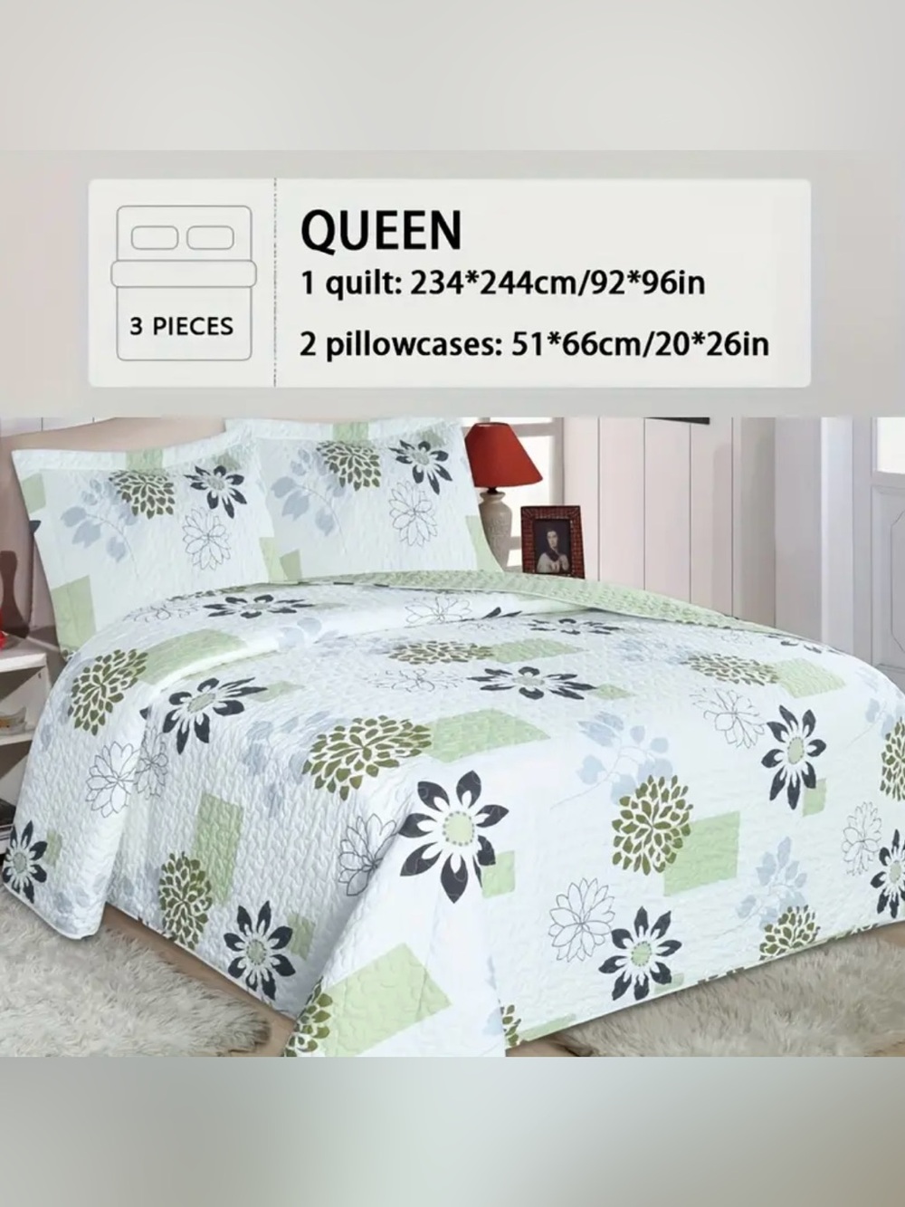 Queen Floral Quilt Set in White and Green - 3 Piece bedspread set